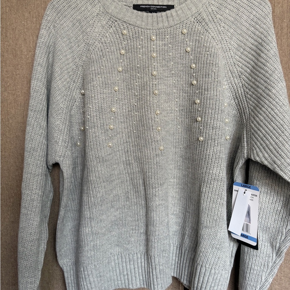 French Connection Gray Pearl-Embellished Crewneck Sweater